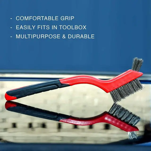 Alt view image 5 of 7 - Wire Brush Set 3Pcs - Nylon/Brass/Stainless Steel Bristles with Curved Handle Grip for Rust, Dirt & Paint Scrubbing with Deep Cleaning 7 Inches (Red)