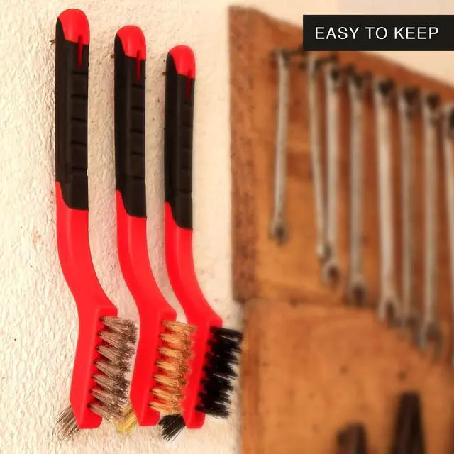 Alt view image 7 of 7 - Wire Brush Set 3Pcs - Nylon/Brass/Stainless Steel Bristles with Curved Handle Grip for Rust, Dirt & Paint Scrubbing with Deep Cleaning 7 Inches (Red)