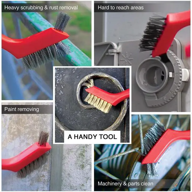 Alt view image 6 of 7 - Wire Brush Set 3Pcs - Nylon/Brass/Stainless Steel Bristles with Curved Handle Grip for Rust, Dirt & Paint Scrubbing with Deep Cleaning 7 Inches (Red)