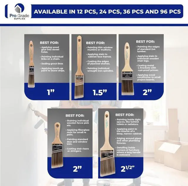 Alt view image 3 of 7 - Paint Brushes, 5-Piece Paint Brush Set, Flat & Angle Brushes for Walls, Trim, Cabinets, Interior & Exterior Latex and Oil Paints, Stains