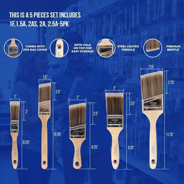 Alt view image 2 of 7 - Paint Brushes, 5-Piece Paint Brush Set, Flat & Angle Brushes for Walls, Trim, Cabinets, Interior & Exterior Latex and Oil Paints, Stains
