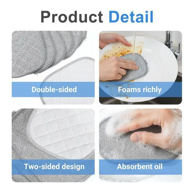Alt view image 6 of 7 - 10 Pcs Wire Dish Cloth, 2025 Upgraded Double-Sided Cleaning Cloths, Silver Stainless Steel Mesh with Multi-Layer Cotton Yarn, Non-Scratch Metal Scrubbing Pads for Home Kitchen, Durable Reusabl