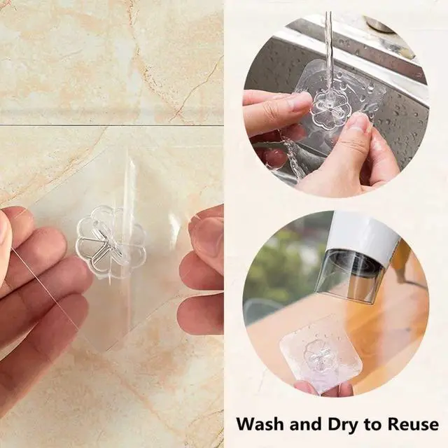 Alt view image 5 of 7 - Transparent Adhesive Hooks 30 lb(Max), Waterproof and Oilproof Reusable Seamless Hooks, Heavy Duty Wall Hook for Kitchen Bathroom Office