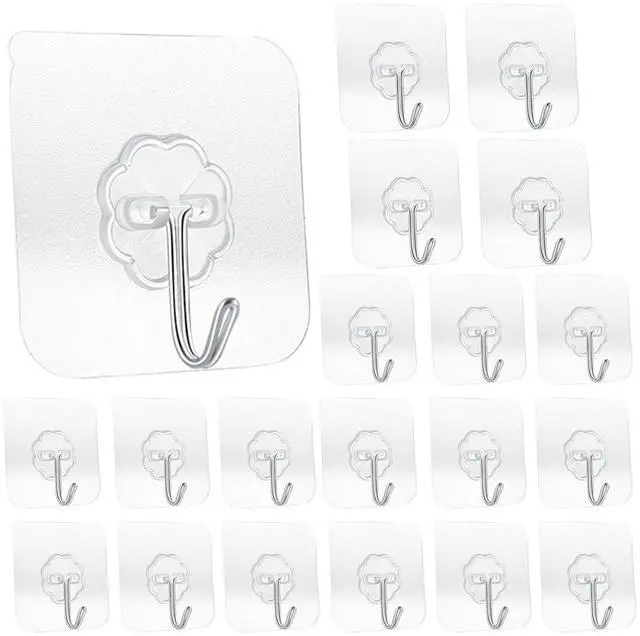 Main image of 20 Pack Transparent Adhesive Hooks 33 lb(Max) 15KG Waterproof and Oilproof Reusable Seamless Hooks Heavy Duty Wall Hook for Kitchen Bathroom Office