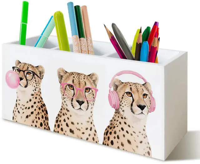 Main image of Trendy Funny Leopard Pen Pencil Holder Organizer for Desk, Cheetah Room Decor, Preppy Girly Y2k Aesthetic Cheetah Wooden Box Block Sign for Home Office Tabletop Decor
