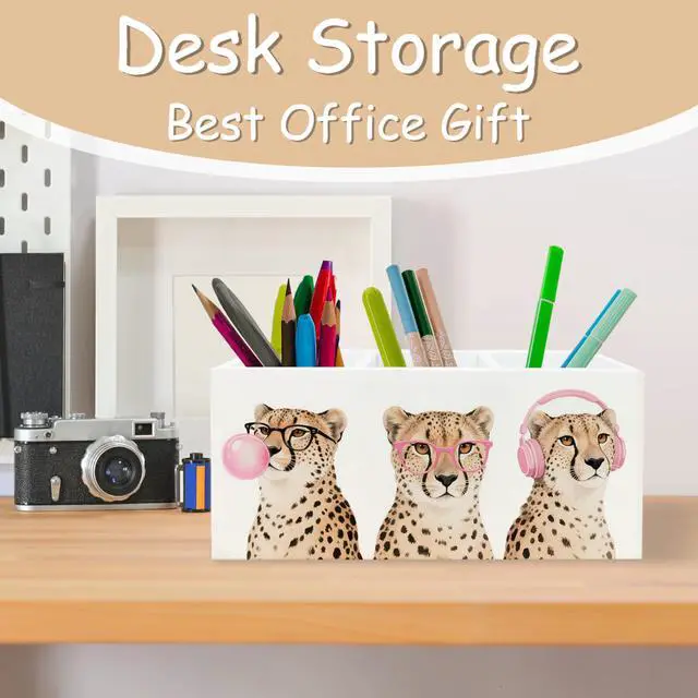 Alt view image 3 of 6 - Trendy Funny Leopard Pen Pencil Holder Organizer for Desk, Cheetah Room Decor, Preppy Girly Y2k Aesthetic Cheetah Wooden Box Block Sign for Home Office Tabletop Decor