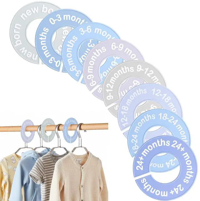Main image of Baby Closet Size Dividers for Clothes 0-24 Months, 8 Pack Small Round Closet Divider Double-Sided Design Fits Most Rods, Blue Nursery Clothing Organizer & Wardrobe Decor