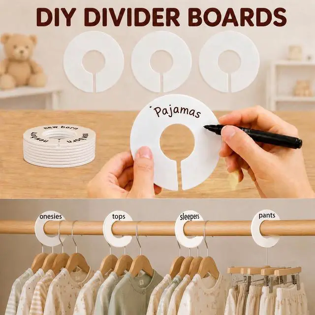 Alt view image 5 of 7 - 12 Pcs Baby Closet Dividers for Clothes, Round Baby Clothes Organizer Set with 4 Blank Dividers, Baby Closet Organizer with Clear Size Labels, Fits Most Rods