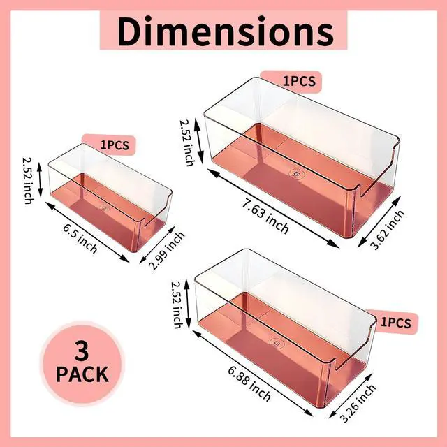 Alt view image 3 of 7 - 3pcs Plastic Drawer Organizer, 3 Sizes Desk Drawer Divider Organizers and Containers for Makeup, Jewerly, Kitchen drawer organizers, Bedroom, Bathroom, Office supply for storage(Rose Gold)