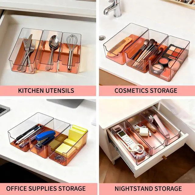 Alt view image 4 of 7 - 3pcs Plastic Drawer Organizer, 3 Sizes Desk Drawer Divider Organizers and Containers for Makeup, Jewerly, Kitchen drawer organizers, Bedroom, Bathroom, Office supply for storage(Rose Gold)