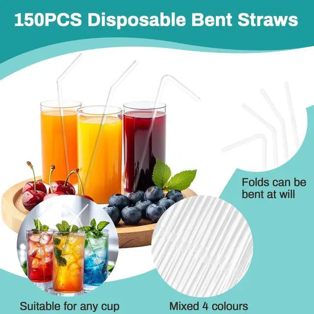 Alt view image 3 of 6 - 150PCS Disposable Plastic Drinking Straws - Flexible Straws Disposable Long Colorful PP Plastic Striped Assorted Colors for Home Use Milk Juice Drinks(CLEAR)