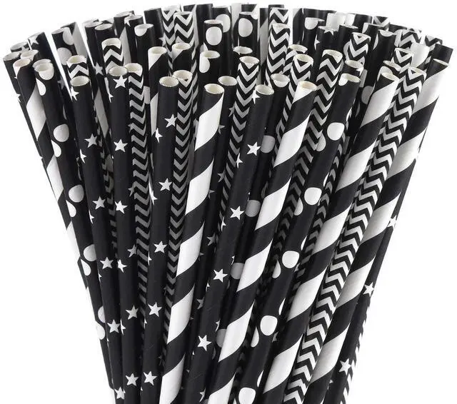 Main image of Biodegradable Black Paper Straws, 100 Stars/Dots/Stripes/Waves Drinking Straws for Halloween, Birthday, Wedding, Bridal/Baby Shower and Christmas Decorations