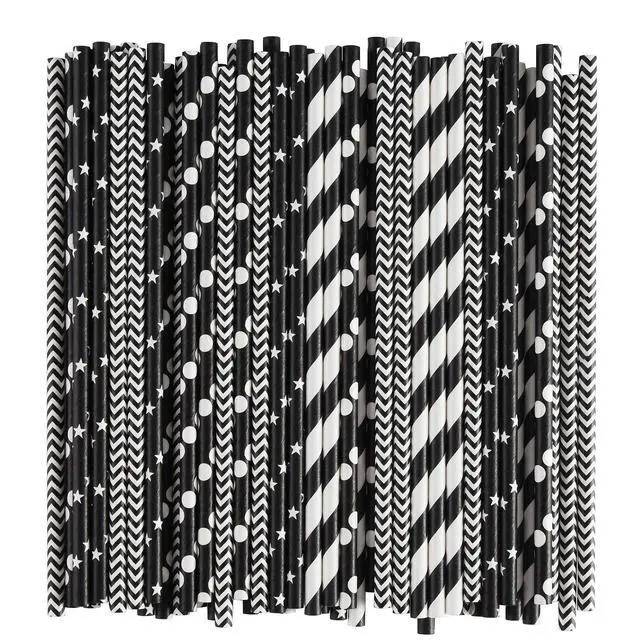 Alt view image 2 of 6 - Biodegradable Black Paper Straws, 100 Stars/Dots/Stripes/Waves Drinking Straws for Halloween, Birthday, Wedding, Bridal/Baby Shower and Christmas Decorations
