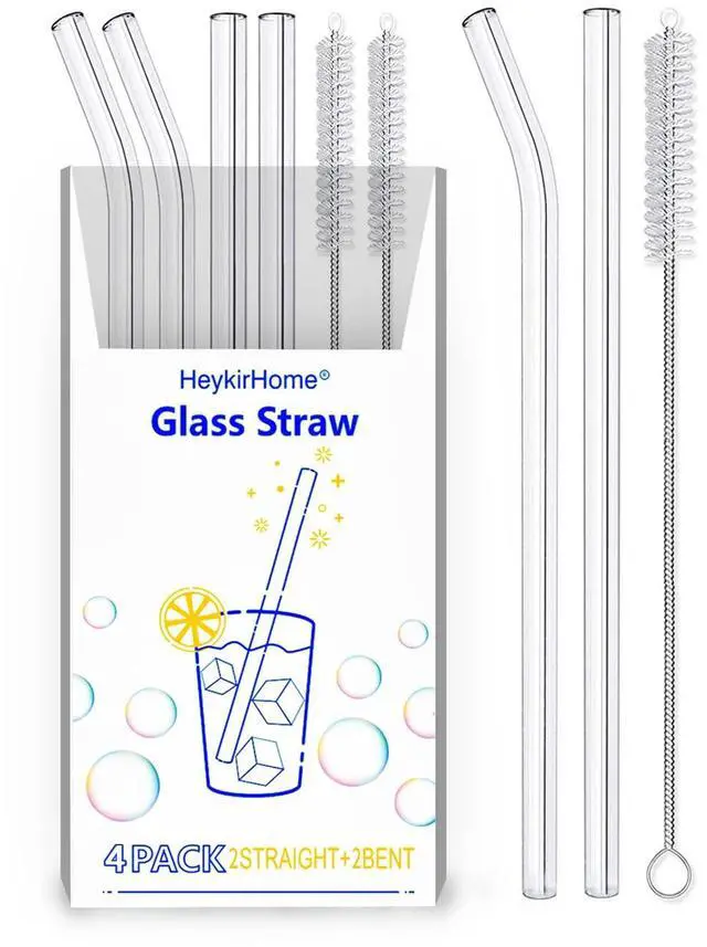 Main image of 4-Pack Reusable Glass Straw, Size 8.5''x10 MM,Including 2 Straight and 2 Bent with 2 Cleaning Brush- Perfect For Smoothies, Tea, Juice