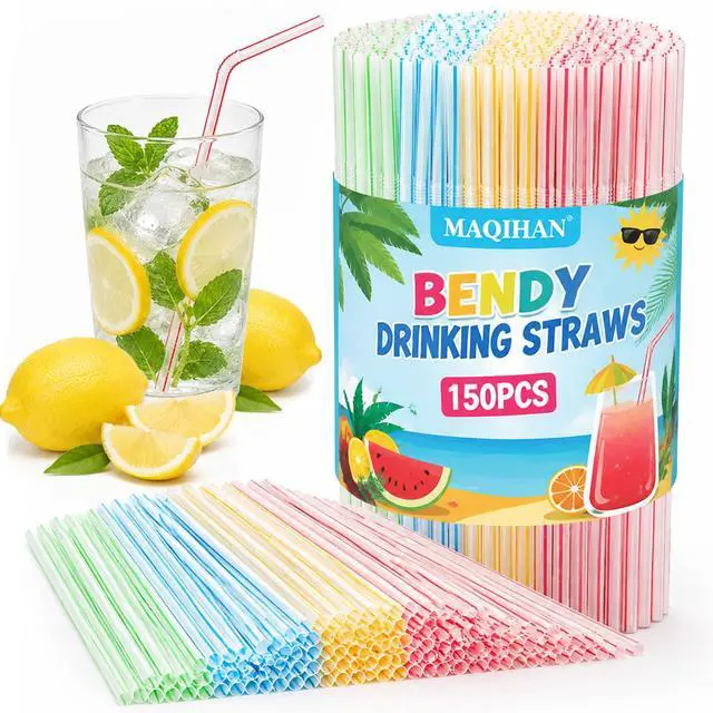 Main image of 150PCS Disposable Plastic Drinking Straws - Flexible Straws Disposable Long Colorful PP Plastic Striped Assorted Colors for Home Use Milk Juice Drinks