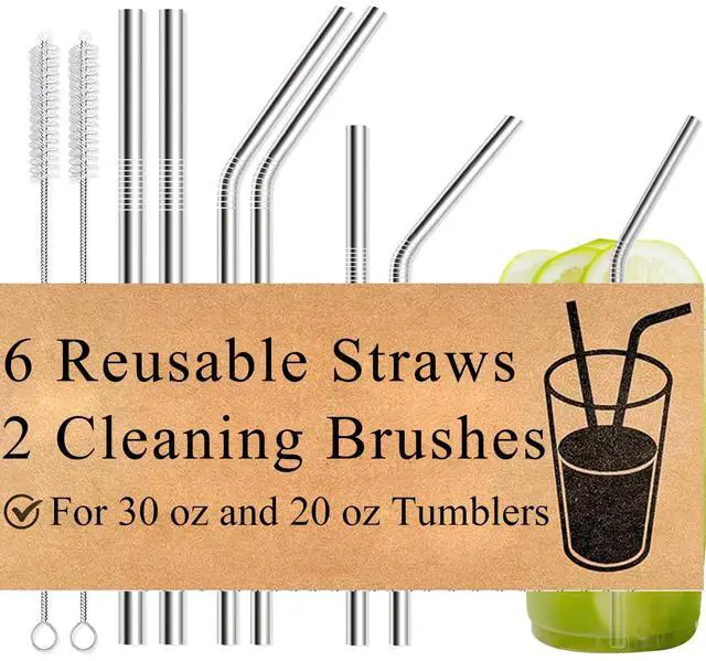 Main image of 8-Pack Reusable Stainless Steel Metal Straws with Cleaning Brush - Long Metal Straws Drinking for 30 oz and 20 oz Tumbler Eco Friendly