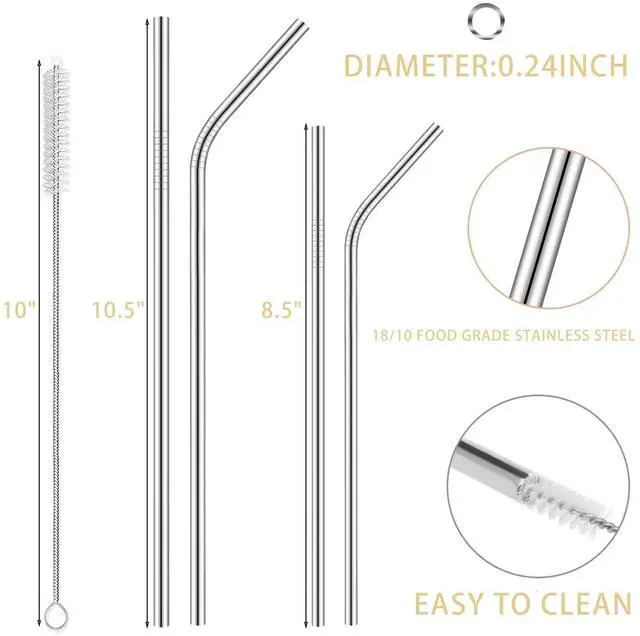 Alt view image 2 of 6 - 8-Pack Reusable Stainless Steel Metal Straws with Cleaning Brush - Long Metal Straws Drinking for 30 oz and 20 oz Tumbler Eco Friendly