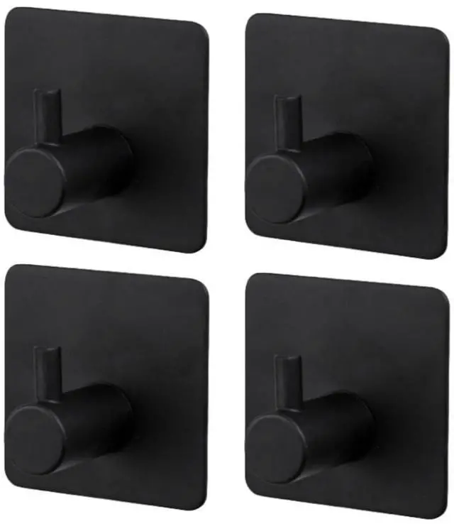 Main image of 4 Pcs Adhesive Hooks Heavy Duty Shower Hook Waterproof, Black Stick on Hooks for Hanging Loofah Towel Robe Clothes, Removable Stainless Steel Bathroom Adhesive Wall HooksBlack