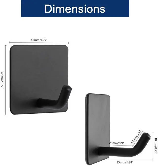 Alt view image 2 of 7 - Adhesive Hooks- Heavy Duty Bath Wall Hooks Waterproof Stainless Steel Towel Hangers Stick on Wall Clothes Holders for Bathroom Kitchen Home, 5 Pack (Matte Black)