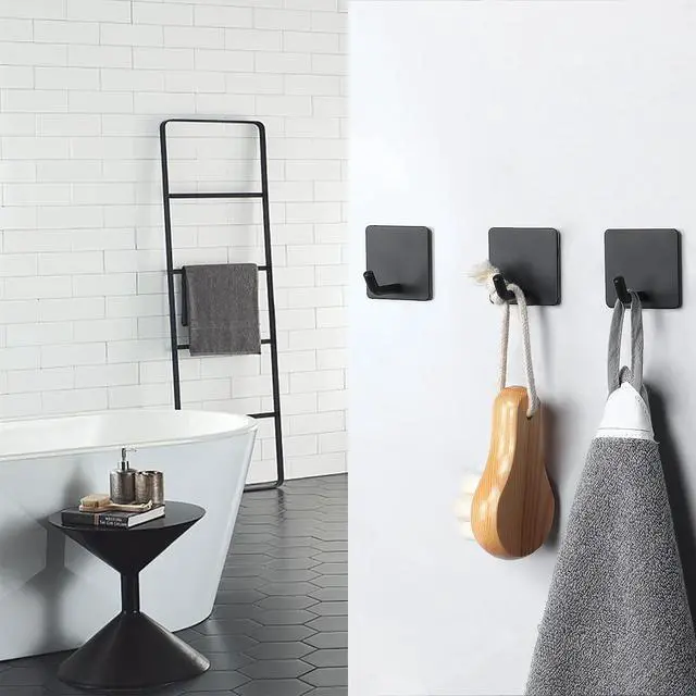 Alt view image 4 of 7 - Adhesive Hooks- Heavy Duty Bath Wall Hooks Waterproof Stainless Steel Towel Hangers Stick on Wall Clothes Holders for Bathroom Kitchen Home, 5 Pack (Matte Black)