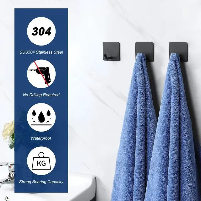 Alt view image 3 of 7 - Adhesive Hooks- Heavy Duty Bath Wall Hooks Waterproof Stainless Steel Towel Hangers Stick on Wall Clothes Holders for Bathroom Kitchen Home, 5 Pack (Matte Black)