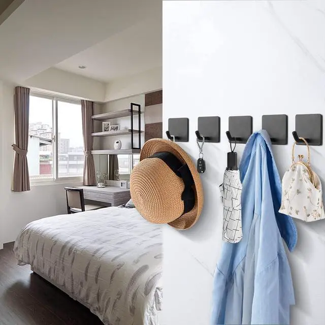 Alt view image 5 of 7 - Adhesive Hooks- Heavy Duty Bath Wall Hooks Waterproof Stainless Steel Towel Hangers Stick on Wall Clothes Holders for Bathroom Kitchen Home, 5 Pack (Matte Black)