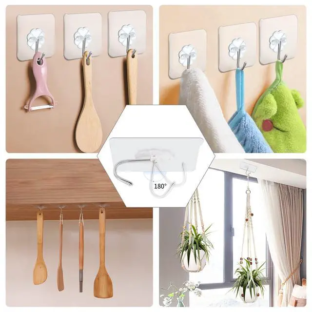 Alt view image 3 of 6 - 20 Packs Self Adhesive Wall Hooks Heavy Duty 22lb(Max), Waterproof Transparent Wall Hooks for Hanging Sticky Hooks Wall Hangers for Door Bathroom Shower Kitchen Outdoor Utility Hooks Hanger