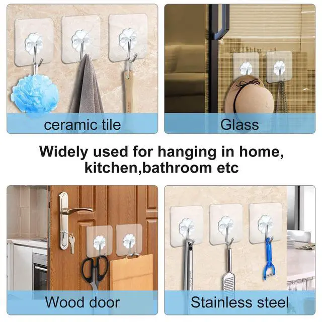 Alt view image 4 of 6 - 20 Packs Self Adhesive Wall Hooks Heavy Duty 22lb(Max), Waterproof Transparent Wall Hooks for Hanging Sticky Hooks Wall Hangers for Door Bathroom Shower Kitchen Outdoor Utility Hooks Hanger