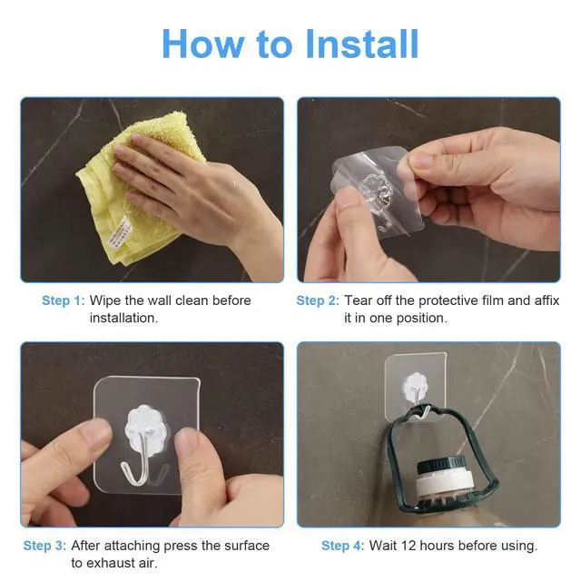 Alt view image 6 of 6 - 20 Packs Self Adhesive Wall Hooks Heavy Duty 22lb(Max), Waterproof Transparent Wall Hooks for Hanging Sticky Hooks Wall Hangers for Door Bathroom Shower Kitchen Outdoor Utility Hooks Hanger