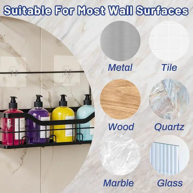 Alt view image 4 of 7 - 15 Pack Shower Caddy Adhesive Hooks for Replacement, Strong Transparent Sticky Strips No Drill Bathroom Kitchen Shelf Organizer Racks