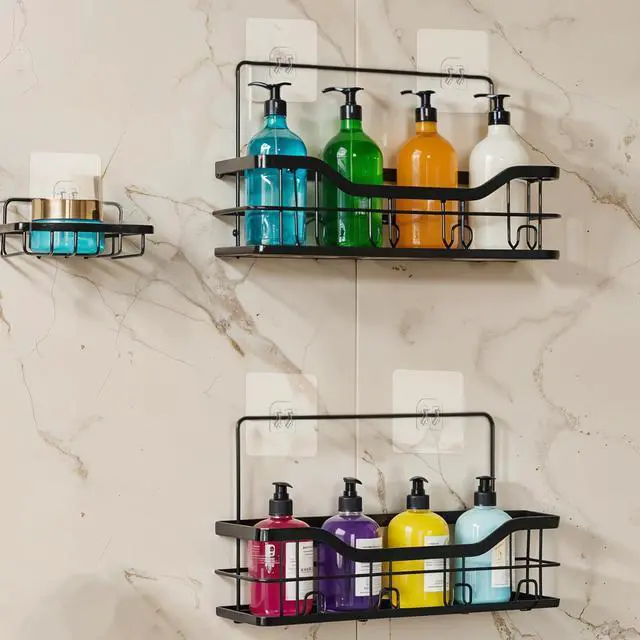 Alt view image 5 of 7 - 15 Pack Shower Caddy Adhesive Hooks for Replacement, Strong Transparent Sticky Strips No Drill Bathroom Kitchen Shelf Organizer Racks
