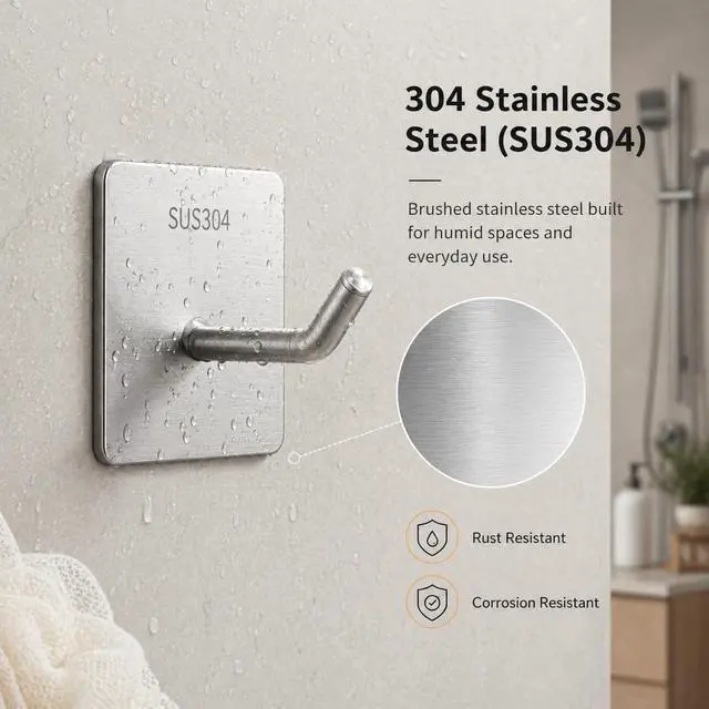 Alt view image 3 of 7 - 4 Pack 304 Stainless Steel Adhesive Wall Hooks, No Drill Hangers