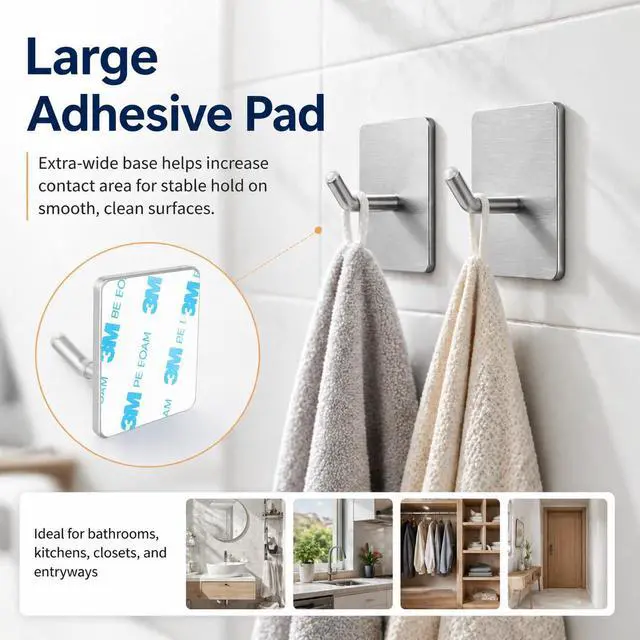 Alt view image 2 of 7 - 4 Pack 304 Stainless Steel Adhesive Wall Hooks, No Drill Hangers