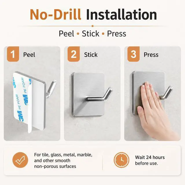 Alt view image 5 of 7 - 4 Pack 304 Stainless Steel Adhesive Wall Hooks, No Drill Hangers