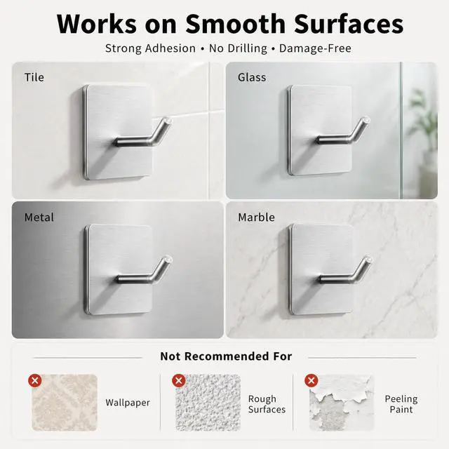Alt view image 6 of 7 - 4 Pack 304 Stainless Steel Adhesive Wall Hooks, No Drill Hangers