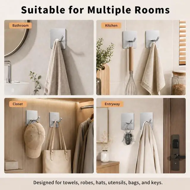 Alt view image 7 of 7 - 4 Pack 304 Stainless Steel Adhesive Wall Hooks, No Drill Hangers