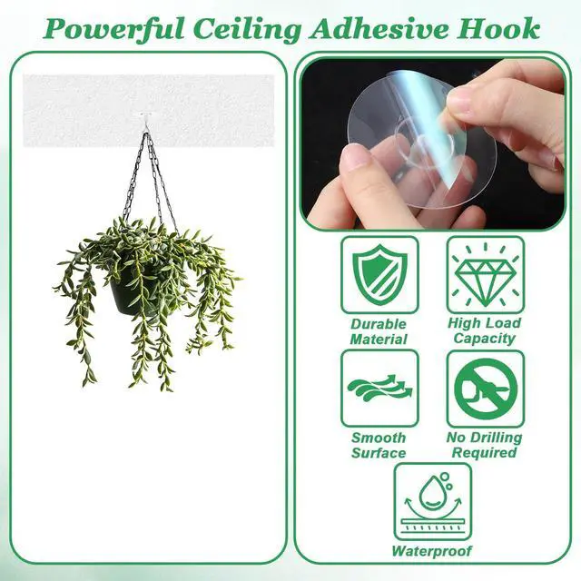 Alt view image 6 of 7 - Adhesive Ceiling Hook No Drill Weight-Bearing Stick-On Ceiling Hook Hanging Hooks with Safety Clasp for Small Plants Wind Chimes Lanterns Office Storage & Wall Decor