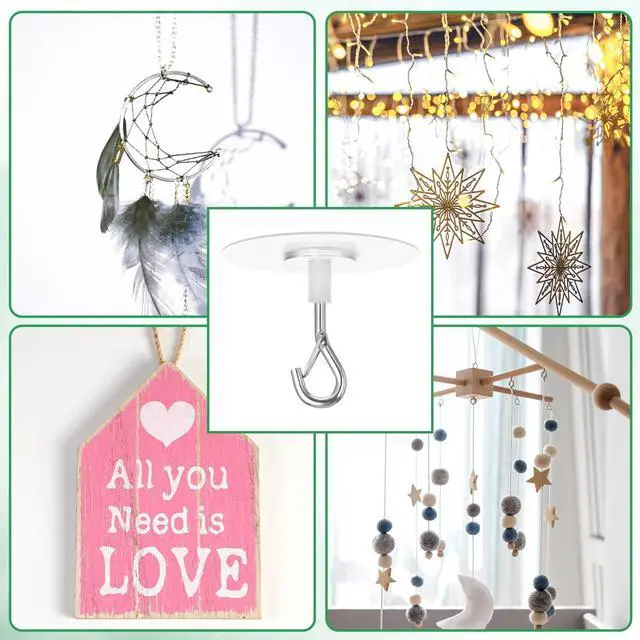 Alt view image 7 of 7 - Adhesive Ceiling Hook No Drill Weight-Bearing Stick-On Ceiling Hook Hanging Hooks with Safety Clasp for Small Plants Wind Chimes Lanterns Office Storage & Wall Decor