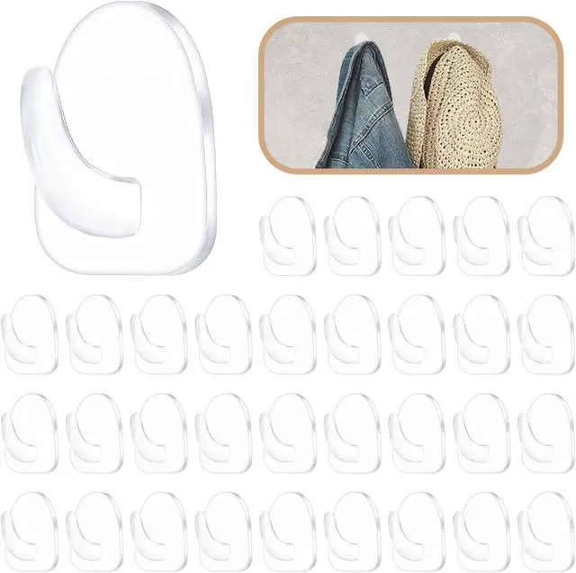 Alt view image 2 of 7 - 20 Pieces Clear Adhesive Hooks for Hanging, Plastic Small Acrylic Sticky Wall Hooks with Non Marking Sticker for Home Kitchen Bathroom Bedroom Office
