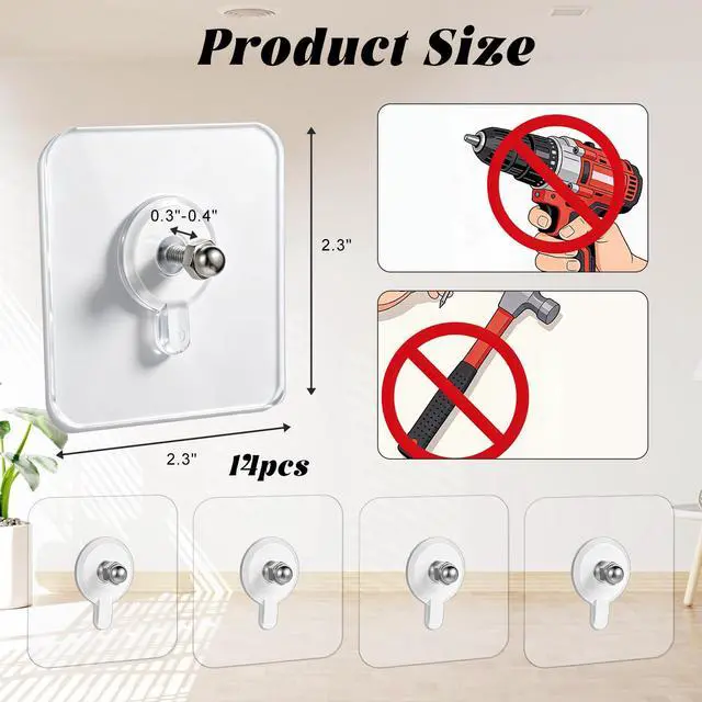 Alt view image 5 of 7 - 14 PCS Wall Hangers Without Nails, Picture Hangers Without Nails, Adhesive Hooks Heavy Duty, Seamless Screws for Wall Mount, Wall-Hooks for Hanging, Screw Free Sticker for Bathroom, Home (8mm)