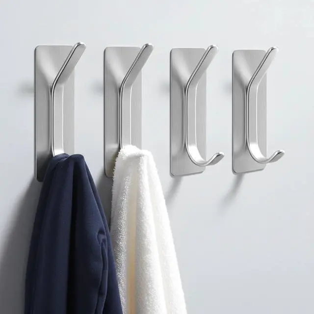 Main image of Adhesive Coat Hooks for Hanging, Heavy Duty Stainless Steel Double Wall Hook for Towel, Backpack, Hat, Damage-Free Hangers for Bathroom, Bedroom, Kitchen, 4 Pack, Brushed, AYG-RC-LS-4P