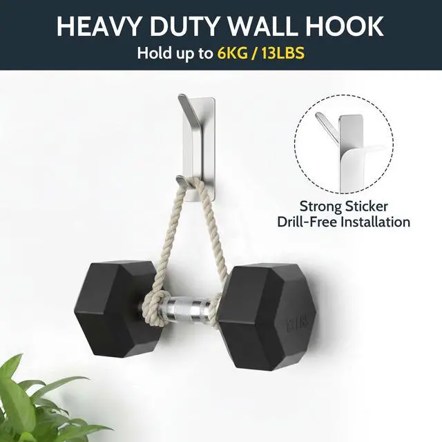 Alt view image 4 of 7 - Adhesive Coat Hooks for Hanging, Heavy Duty Stainless Steel Double Wall Hook for Towel, Backpack, Hat, Damage-Free Hangers for Bathroom, Bedroom, Kitchen, 4 Pack, Brushed, AYG-RC-LS-4P