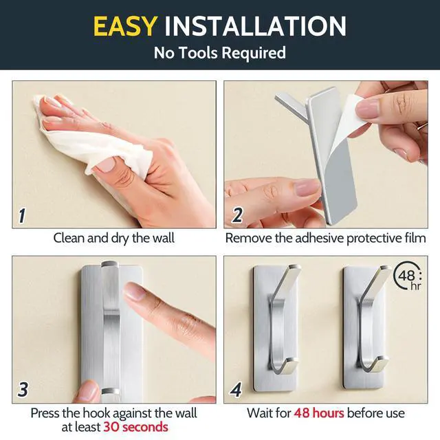 Alt view image 6 of 7 - Adhesive Coat Hooks for Hanging, Heavy Duty Stainless Steel Double Wall Hook for Towel, Backpack, Hat, Damage-Free Hangers for Bathroom, Bedroom, Kitchen, 4 Pack, Brushed, AYG-RC-LS-4P