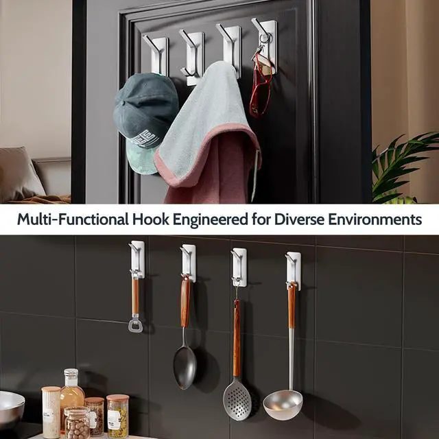 Alt view image 7 of 7 - Adhesive Coat Hooks for Hanging, Heavy Duty Stainless Steel Double Wall Hook for Towel, Backpack, Hat, Damage-Free Hangers for Bathroom, Bedroom, Kitchen, 4 Pack, Brushed, AYG-RC-LS-4P