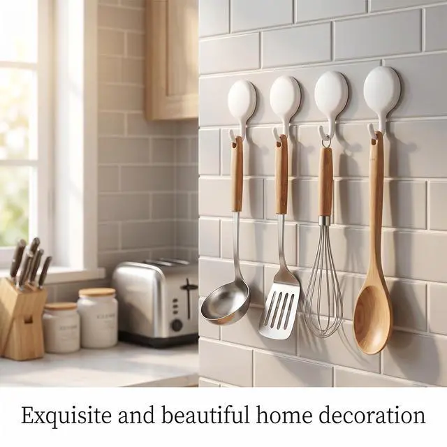 Alt view image 6 of 7 - 4Pcs No Drill Adhesive Wall Hooks, White Plastic Self Adhesive Hook,Damage Free Hanging Hooks for Wall Hanging Bathroom Kitchen Office Home Organization