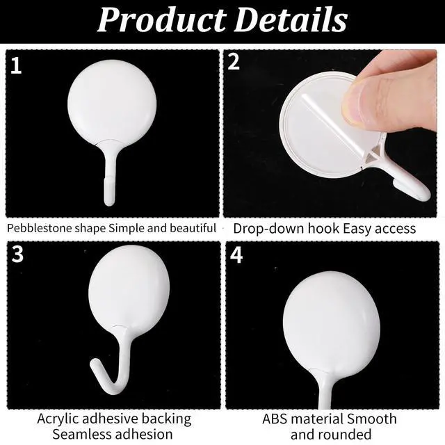 Alt view image 3 of 7 - 4Pcs No Drill Adhesive Wall Hooks, White Plastic Self Adhesive Hook,Damage Free Hanging Hooks for Wall Hanging Bathroom Kitchen Office Home Organization