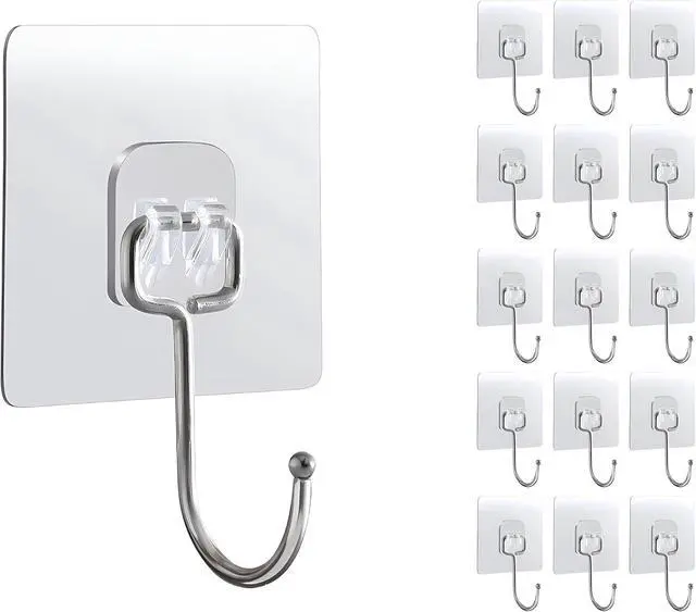 Main image of 15-Pack Large Adhesive Hooks Heavy Duty 33 lbs - Transparent Waterproof Wall Hooks for Towels & Robes, No Damage
