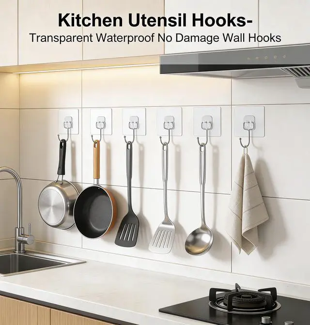 Alt view image 2 of 7 - 15-Pack Large Adhesive Hooks Heavy Duty 33 lbs - Transparent Waterproof Wall Hooks for Towels & Robes, No Damage