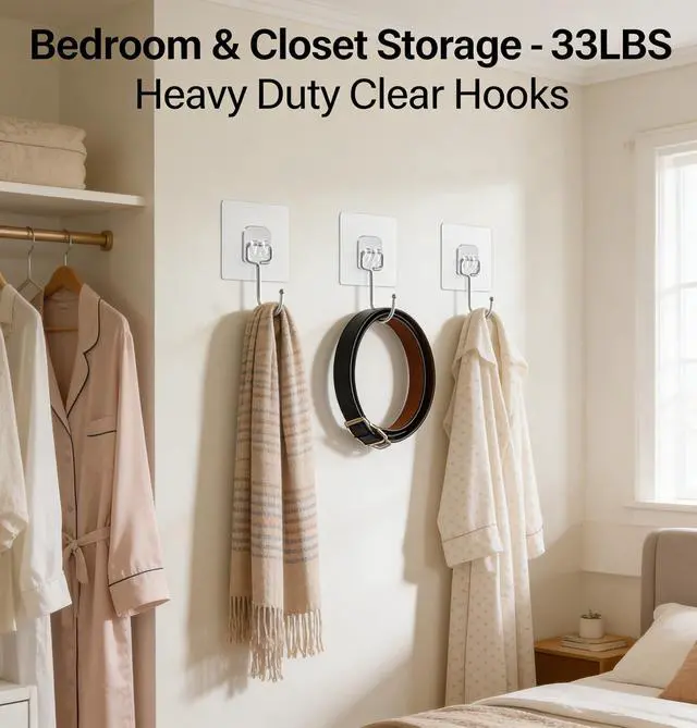 Alt view image 3 of 7 - 15-Pack Large Adhesive Hooks Heavy Duty 33 lbs - Transparent Waterproof Wall Hooks for Towels & Robes, No Damage