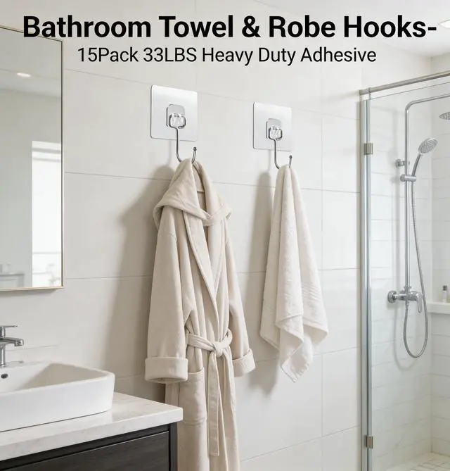 Alt view image 4 of 7 - 15-Pack Large Adhesive Hooks Heavy Duty 33 lbs - Transparent Waterproof Wall Hooks for Towels & Robes, No Damage